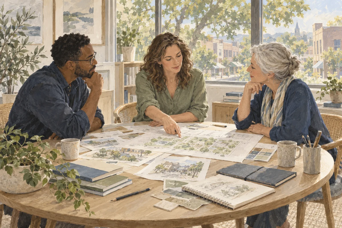 Painted concept illustration of three people discussing planning materials around a table.
